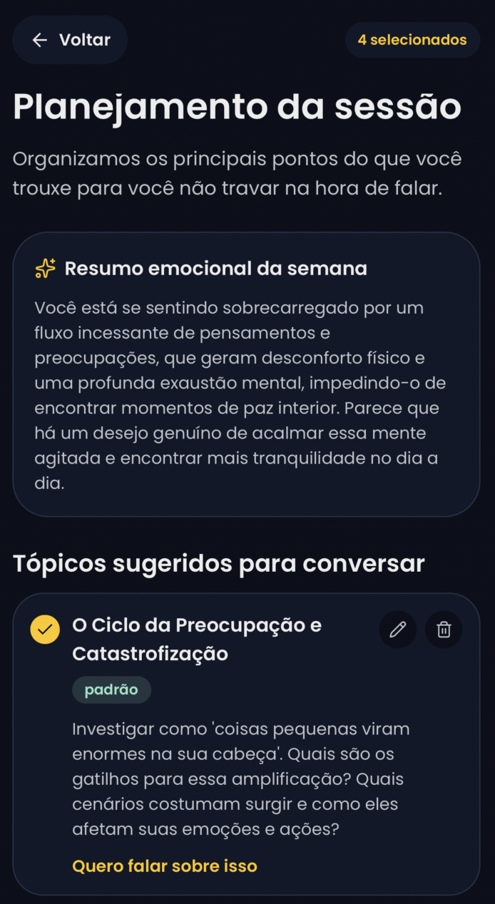 Tela de planejamento de sessão do app Penssu